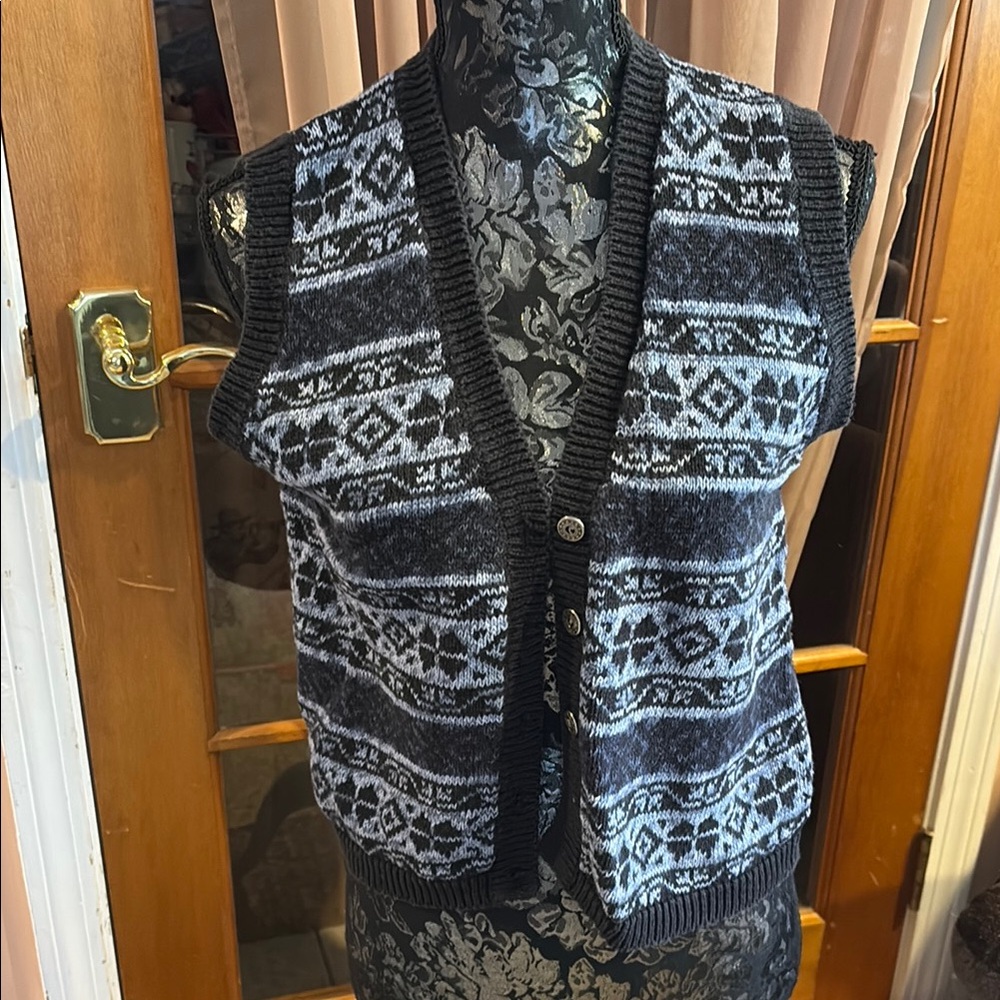 Season Ticket Blue Patterned, Button/front Sweater Vest, S